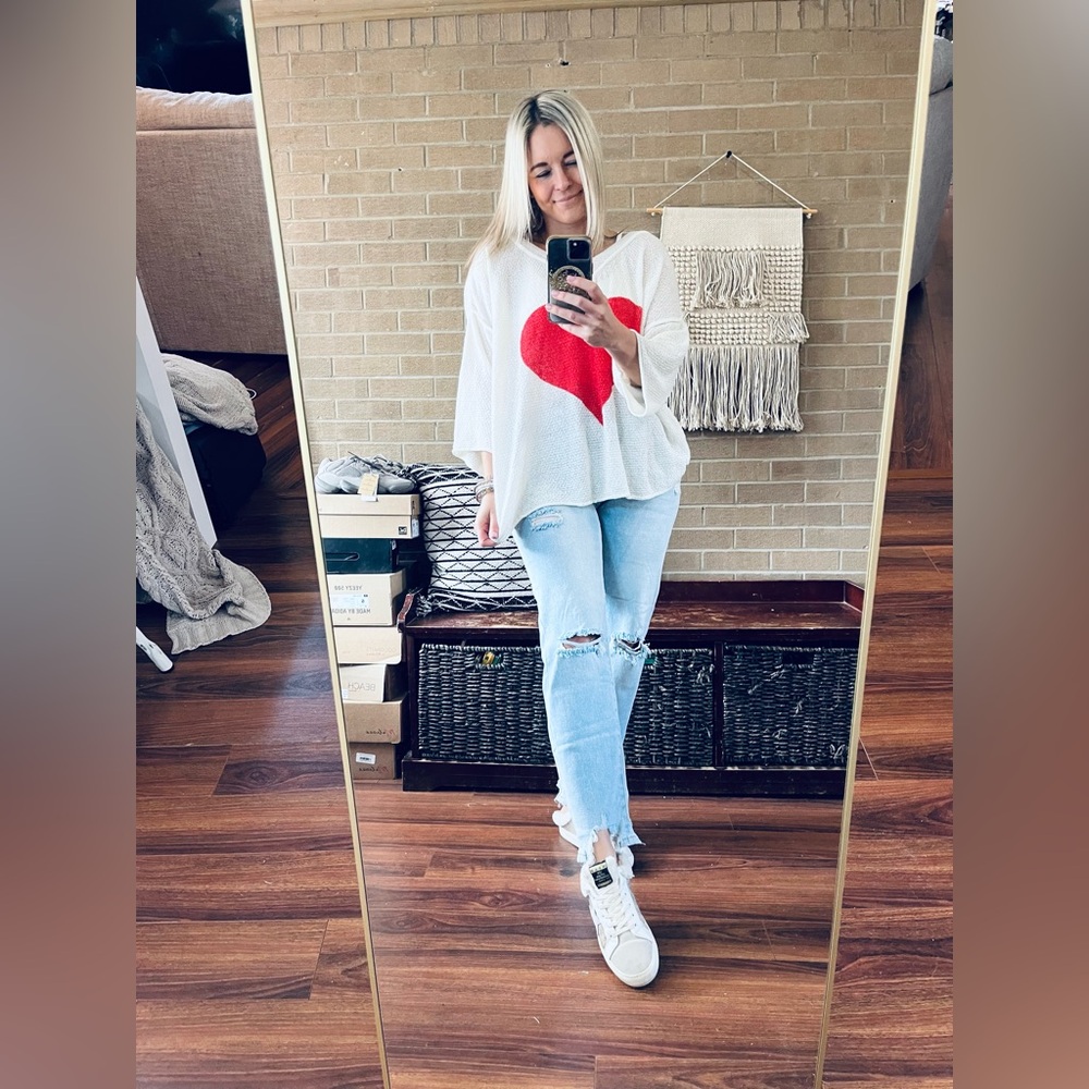 Women's V-Neck Sweater with Red Heart